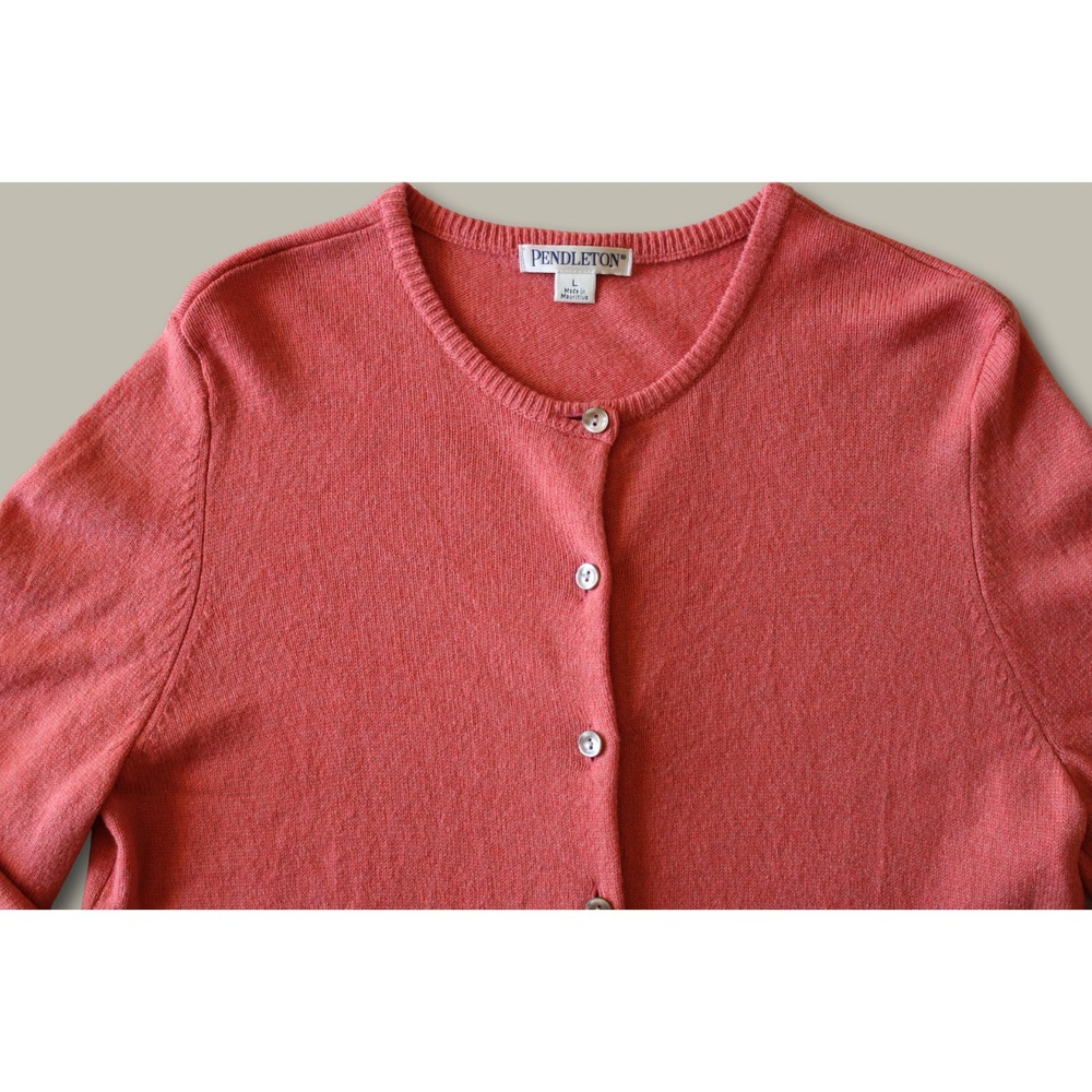 Pendleton Lambswool Button Front Cardigan Sweater Large Coral Preppy Classic - Picture 2 of 5